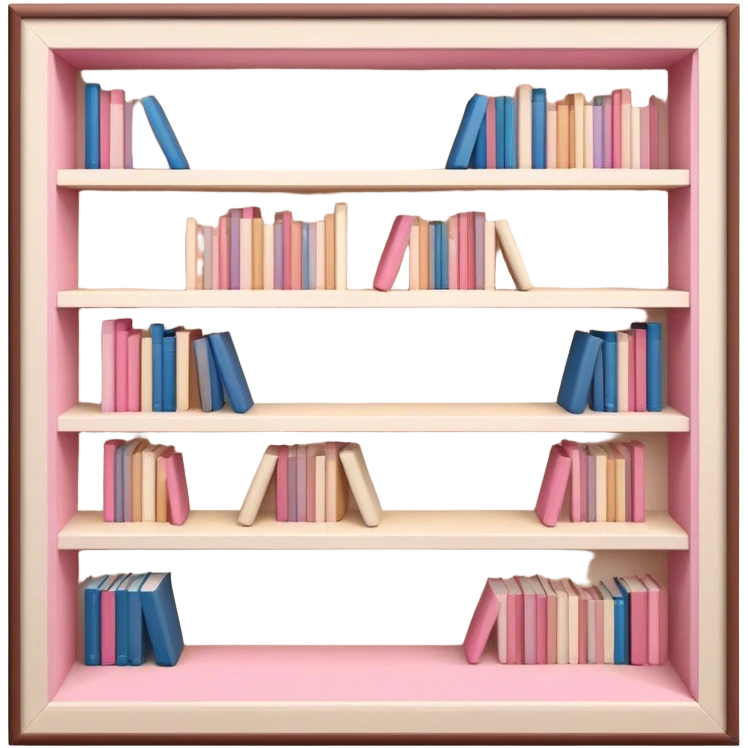 ikea bookshelf filled with beige, pink, brown and cream-colored books, isometric 3D emoji