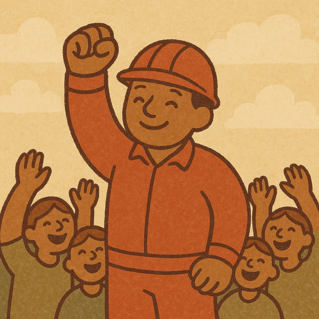 a worker raising a fist in triumph, surrounded by a cheering crowd emoji