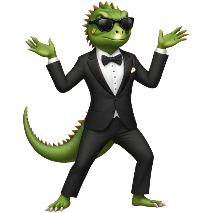 capitalist iguana banker in tuxedo and black sunglasses dancing crazy emoji