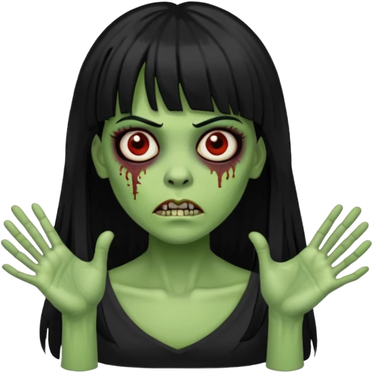 mulher zombie verde com cabelos pretos longos e franja com as mãos para frente igual um zombie emoji