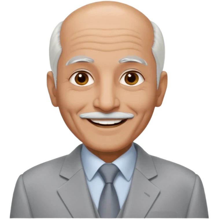 70 yr old man, almost bald, some white hair, pakistani, light grey business suit, big smile, darker skin, no moustache
 emoji