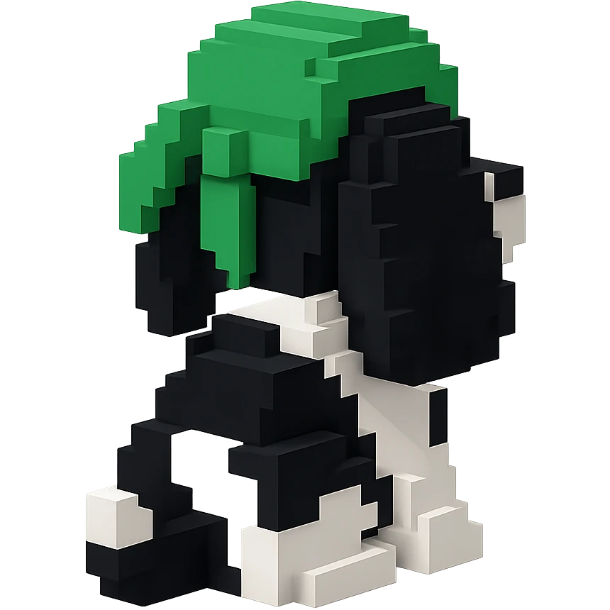 A black and white Russian Cocker Spaniel puppy wearing a green durag, facing backward emoji