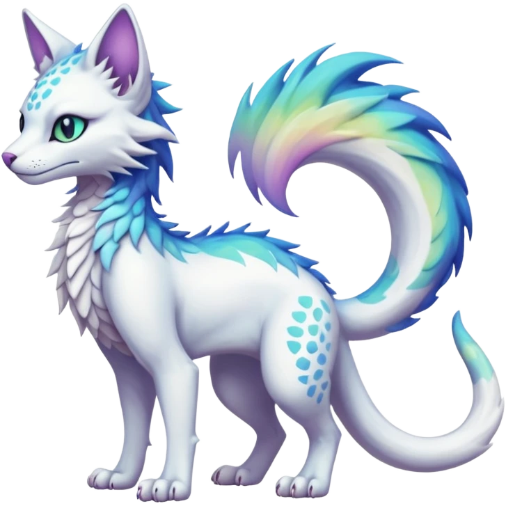 Kawaii white iridescent edgy fantasy feline-vernid-sergal-fursona animal creature with a tufted tail full body with intricate markings  emoji