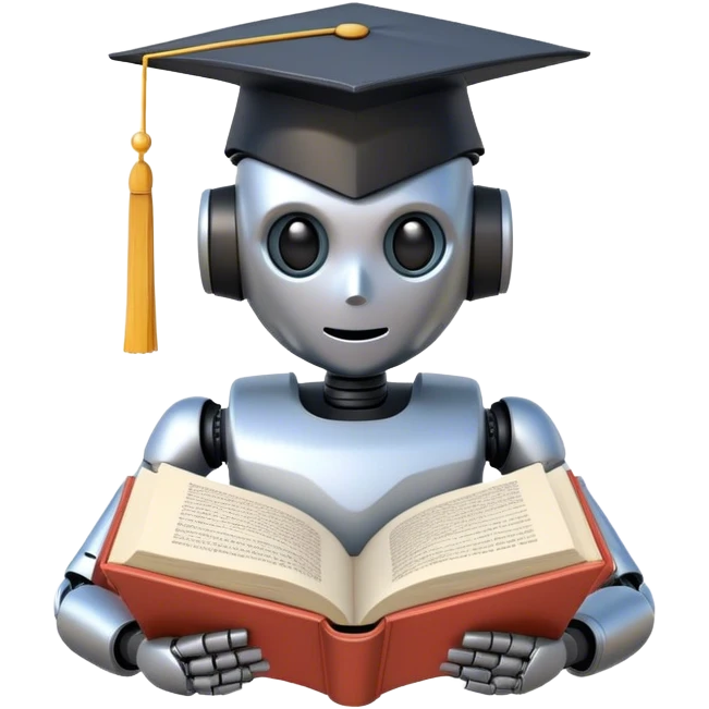 non-anthropomorphic robot reading a big book with graduation head emoji