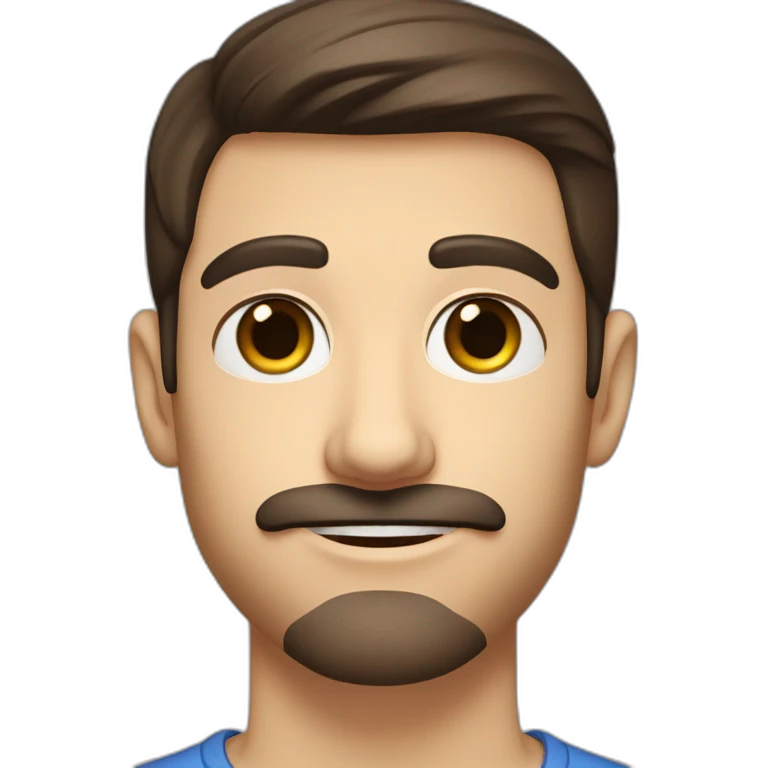 A young Caucasian man with dark brown eyes, almond-shaped eyes, short dark brown hair, and a small dark brown beard with a more prominent mustache. emoji