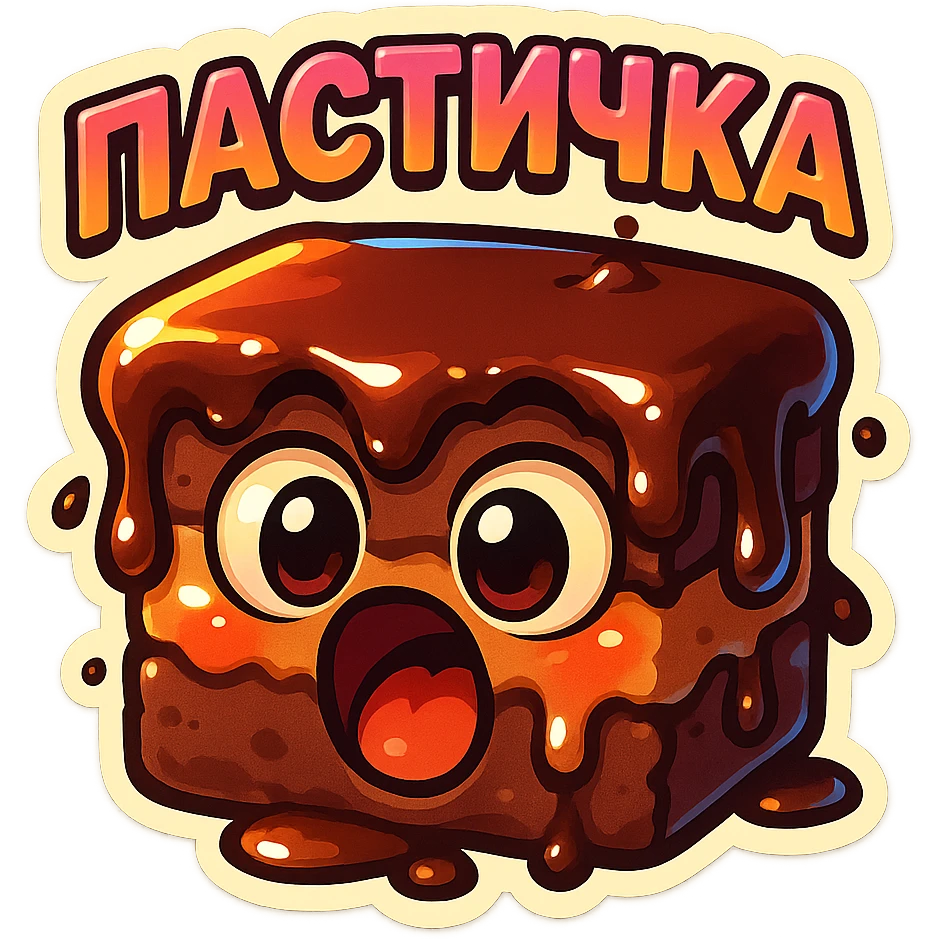 Rectangular chocolate mini pastry, slightly messy and squished, chocolate dripping, big round eyes, wide open mouth, playful surprised expression, text above: "ПАСТИЧКА", chibi style, Twitch emoji style, transparent background, colorful

 emoji
