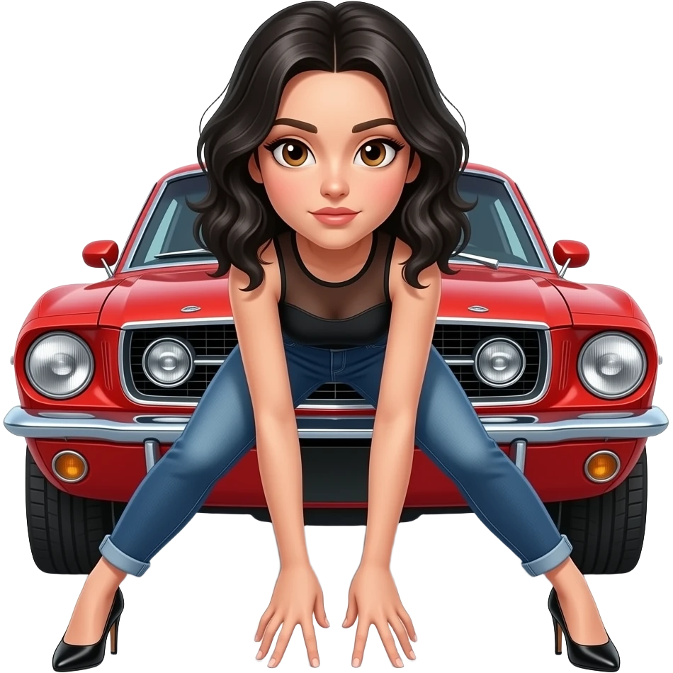 Girl with pale skin and wavy, jet-black hair and brown eye, standing hunched forward, looking straight ahead in front of a red 1968 Ford Mustang coupe. Girl wearing a sheer black sleeveless top, jeans, heels with visible toes. Her legs are wide spread, fingers touching her toes. emoji