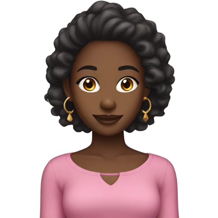 Black girl with a pink top,straight black,long hair.gold earrings,long eyelashes,brown eyes,nose ring,smiling emoji
