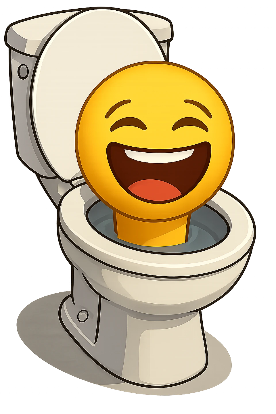 Edit the image so the head emerging from the toilet has a laughing expression with closed eyes and a wide open mouth in emoji style. Keep the background transparent. emoji