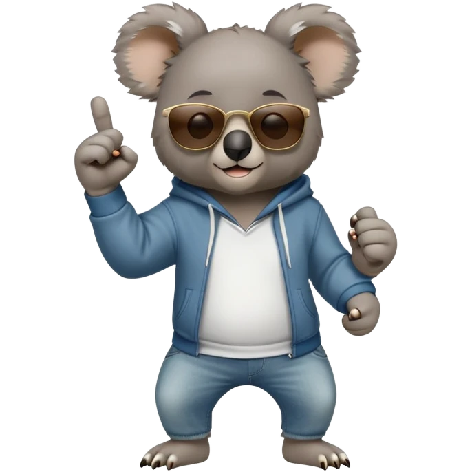 anthropomorphised koala, full body, wearing a hoodie and jeans, dark sunglasses, shaking fist in a different pose emoji