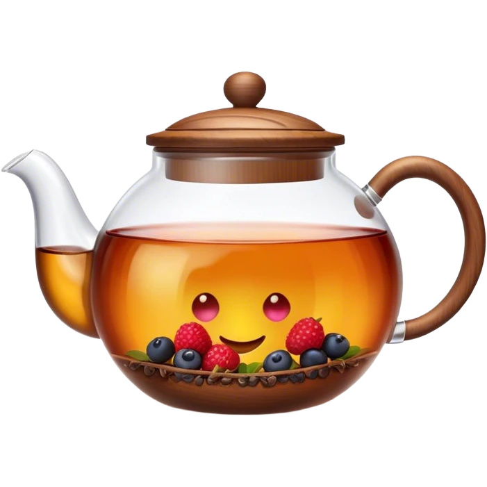 A cinematic realistic emoji with an attractive image of a transparent teapot with a realistic wooden lid filled with tea with berries, rich texture and warm, festive lighting. emoji