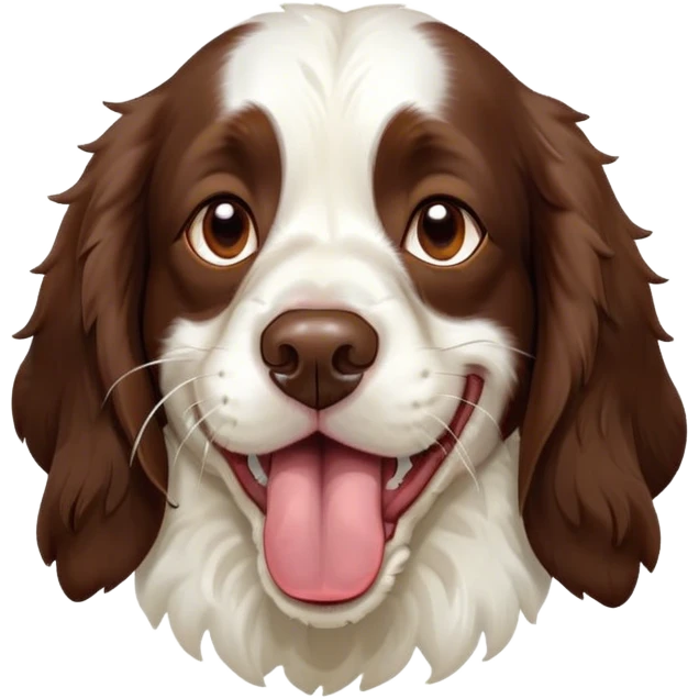 Cinematic Cute Yawning Springer Spaniel Portrait Emoji, Head tilted slightly with a dramatic, wide-open yawn, showcasing a smooth Fur of liver and white with crisp markings, floppy ears slightly drooping, round brown eyes barely open in drowsy contentment, Simplified yet irresistibly adorable features, highly detailed, glowing with a soft, cozy glow, high shine, relaxed yet expressive, stylized with a touch of whimsy, bright and endearing, soft glowing outline, capturing the essence of a sleepy yet affectionate companion, so drowsy it feels like it could stretch right out of the screen and curl up for a nap! emoji