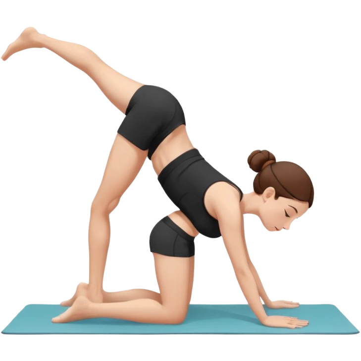 "Minimalist flat vector illustration of a woman doing yoga in forward fold pose (Uttanasana), wearing sportswear (white top and black shorts), brown hair in a bun, clean white background, no face details, elegant style" emoji