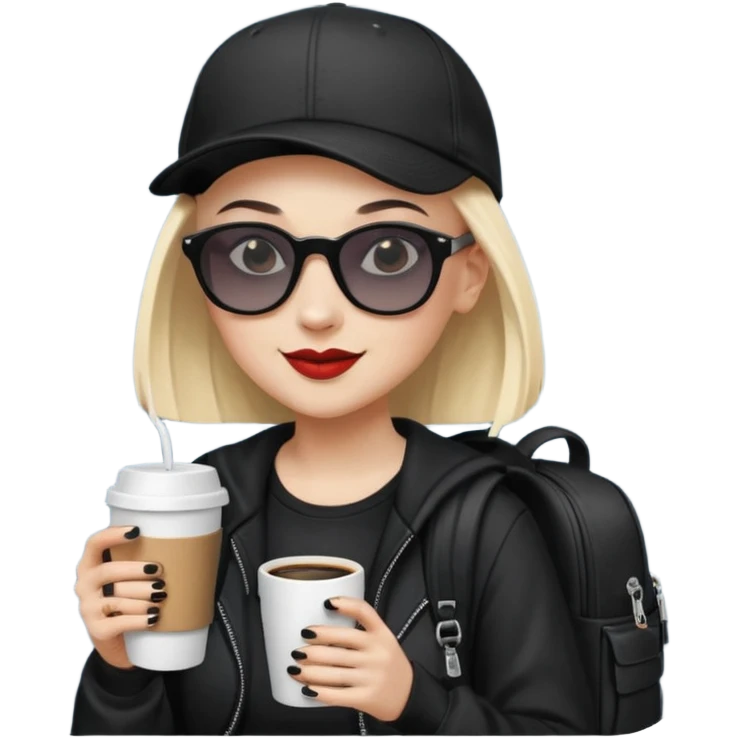 ["A happy woman with light skin, bald, wearing a baseball cap and sunglasses, dressed in goth fashion, is drinking coffee while holding a backpack."] emoji