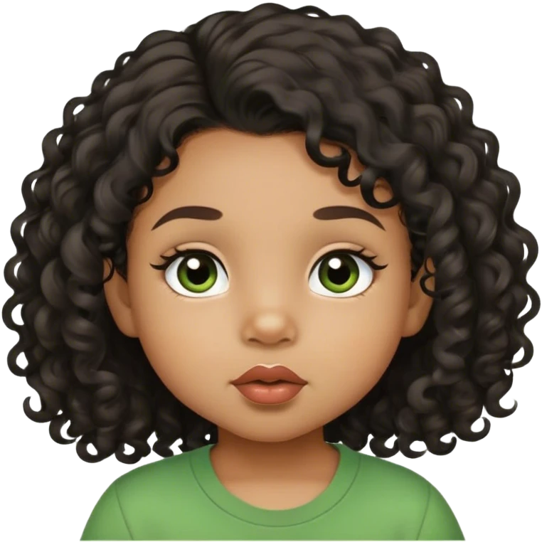 light brown skin tone, very adorable toddler, with big plump lips, long long lashes, black curly hair, middle hair parting, brown eyes, green shirt emoji