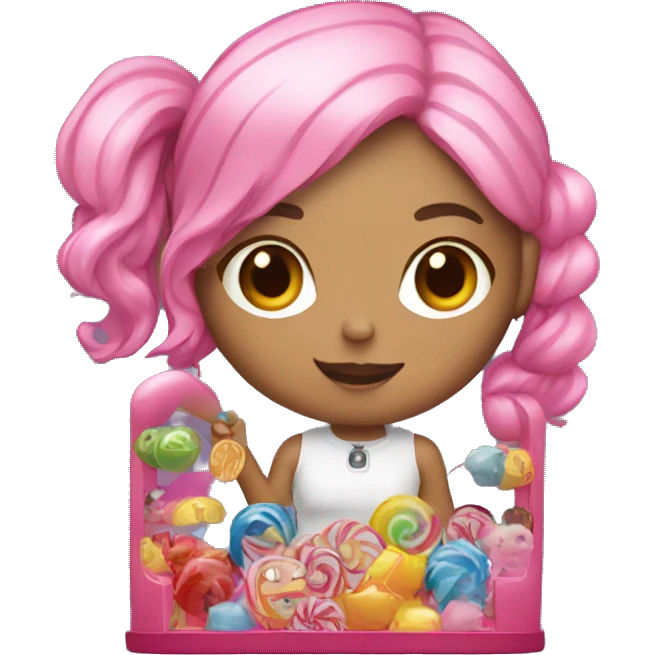 girl with pink hair holding a lollipop and inside a claw machine emoji
