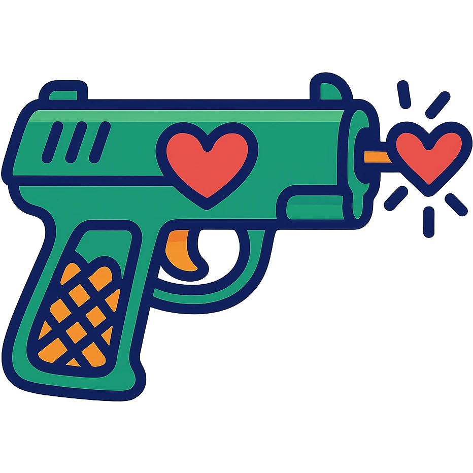 green heart pistol, vibrant toon style, bold outlines, playful look emoji