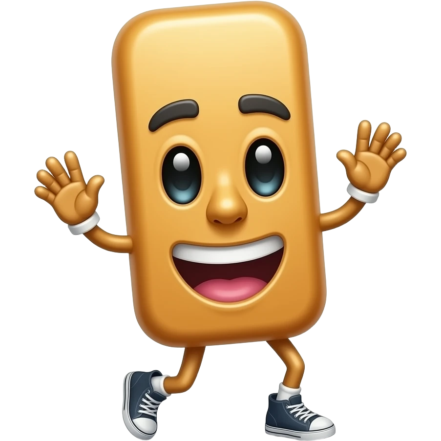 A cartoon exclamation mark with a face, legs and hands dancing with a semi cool with a Dave legs and hands emoji