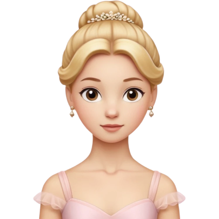 Cinematic Realistic Ballerina Portrait, depicted with lifelike skin texture, subtle rosy undertones, and soft natural lighting that enhances the gentle contours of her face. Her intricately detailed golden blonde hair is elegantly styled in an updo, emoji