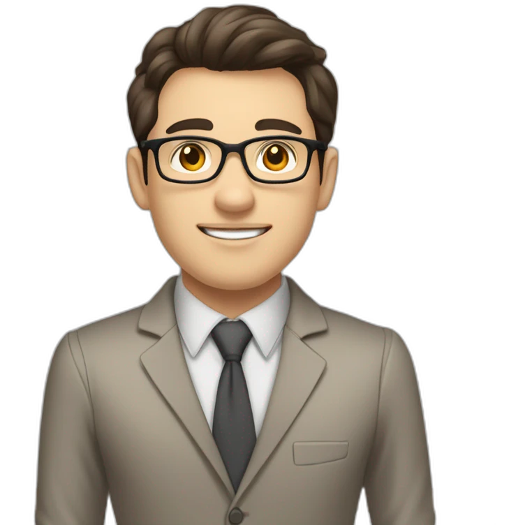 Pale skinned fit man with dark brown hair in gray jacket, beige office shirt, brown tie, brown pants and vintage glasses Writing on the marker board emoji