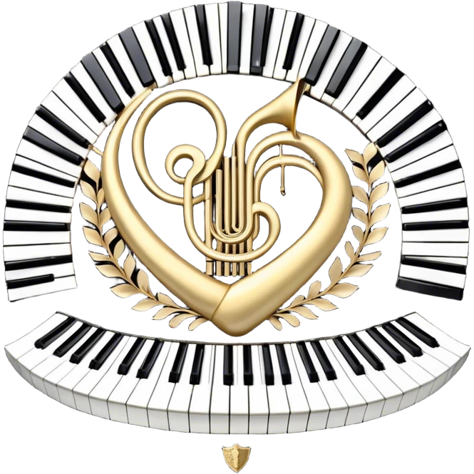 Create an elegant and festive emoji collage representing keyboard instruments, styled like a heraldic emblem. The design should feature a central focal point of black and white piano keys, arranged in a semi-circular or shield-like shape. Around the piano keys, add intertwining musical notes that form flowing ribbons, creating a dynamic and celebratory atmosphere. The design should be professional, with polished silver and gold accents on the keys and notes, highlighting the luxury and sophistication of the instruments. Add subtle shading and lighting effects to give the design a refined, 3D appearance. The background should remain transparent, and the overall feel should evoke grandeur, artistry, and a sense of celebration. emoji