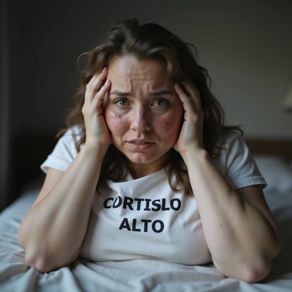 woman with PCOS and high cortisol, face with acne and chin hair, thin hair, visibly stressed expression, red eyes and dark circles, slightly overweight body, sheet with the text 'CORTISOLO ALTO' on the table, realistic home environment, hyperrealistic 4K details emoji