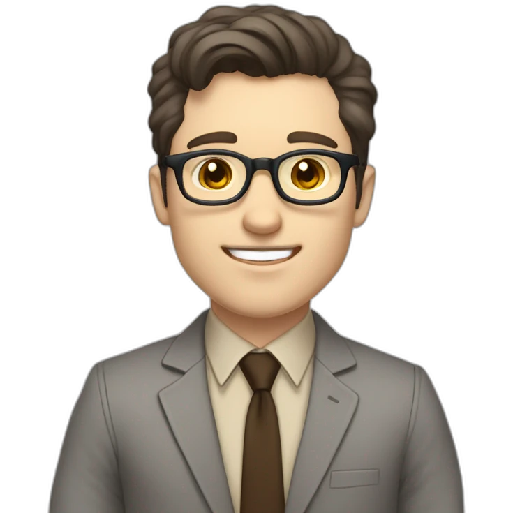 Pale skinned fit man with dark brown hair in gray jacket, beige office shirt, brown tie, brown pants and vintage glasses Writing on the tablet emoji