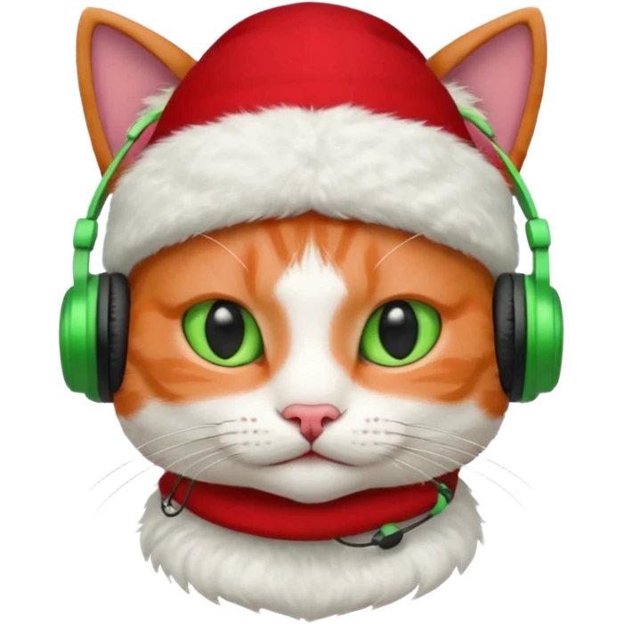 cat head, white fur, red hat, green headphones emoji