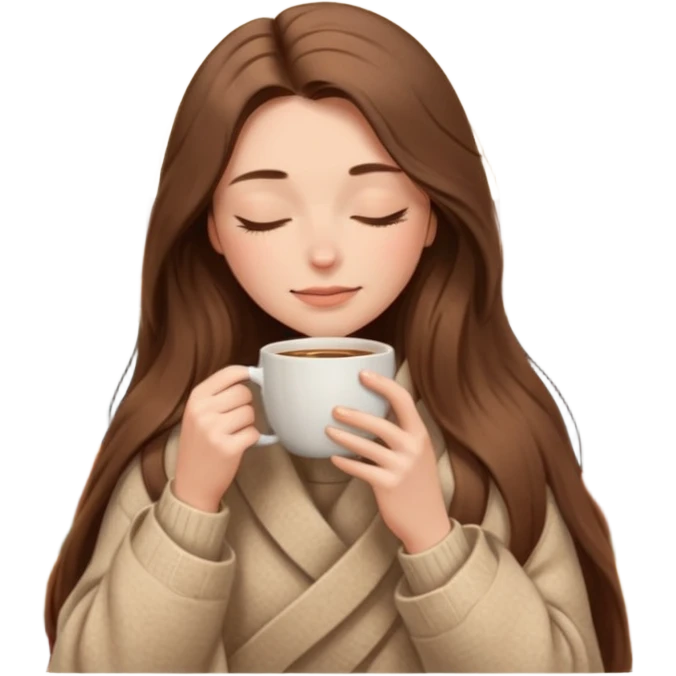 long brown hair woman closed eyes hiding under a cozy wool beige blanket, holding cup of coffee, autumn mood emoji
