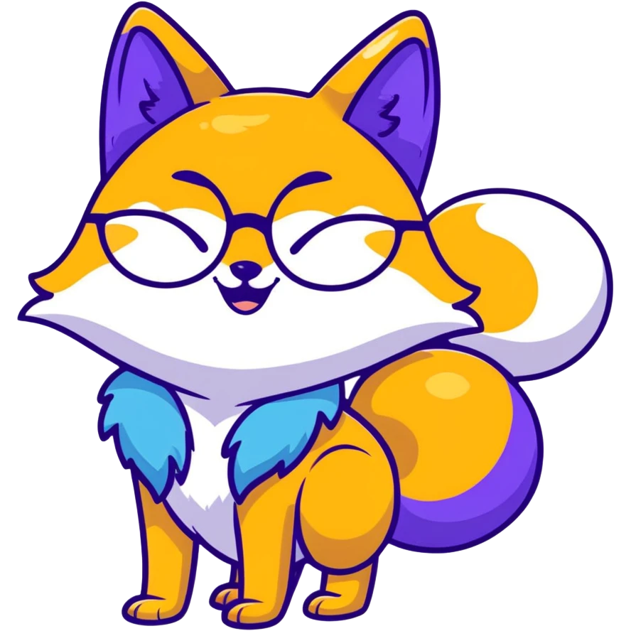 A magical fox with shimmering purple and blue fur, a glowing tail, a silver star on its forehead, and round glasses, laughing so hard that tears are streaming from its eyes emoji