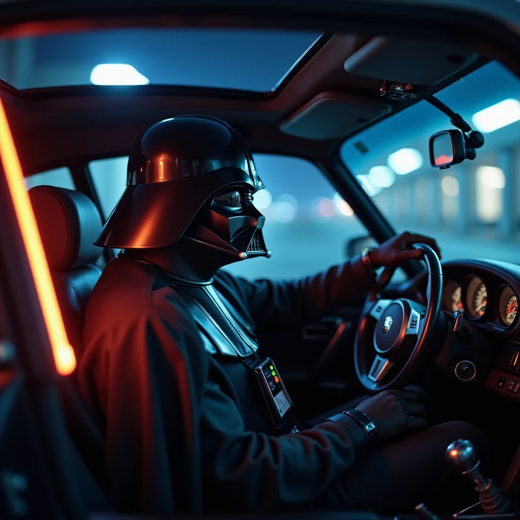 Cinematic shot of aDarth vader sitting in porsche 911, blue and orange lights  emoji