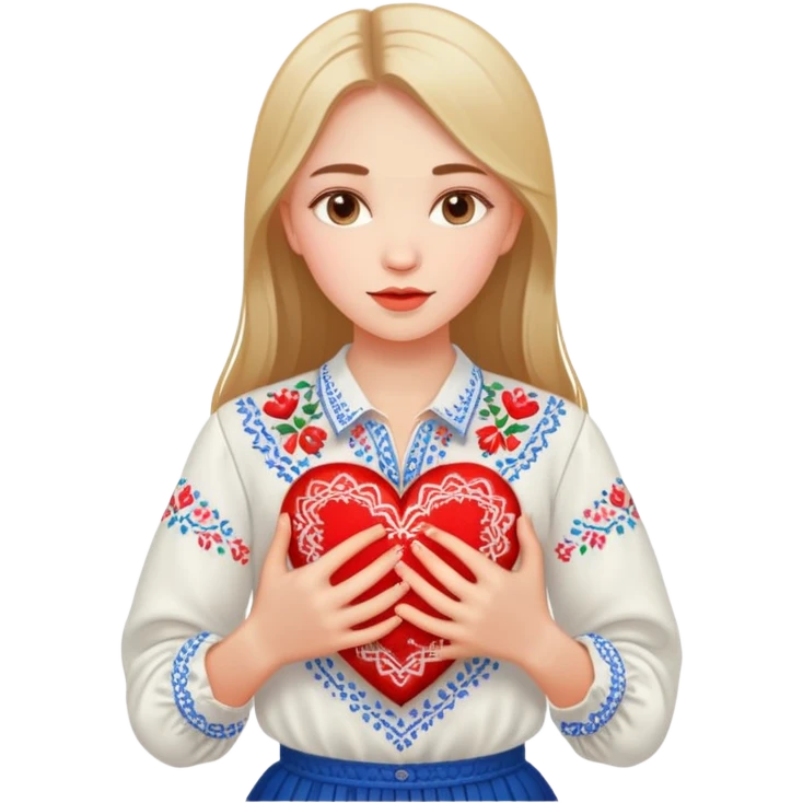 beautiful young girl in a white Ukrainian embroidered shirt clutching a large embroidered heart emoji