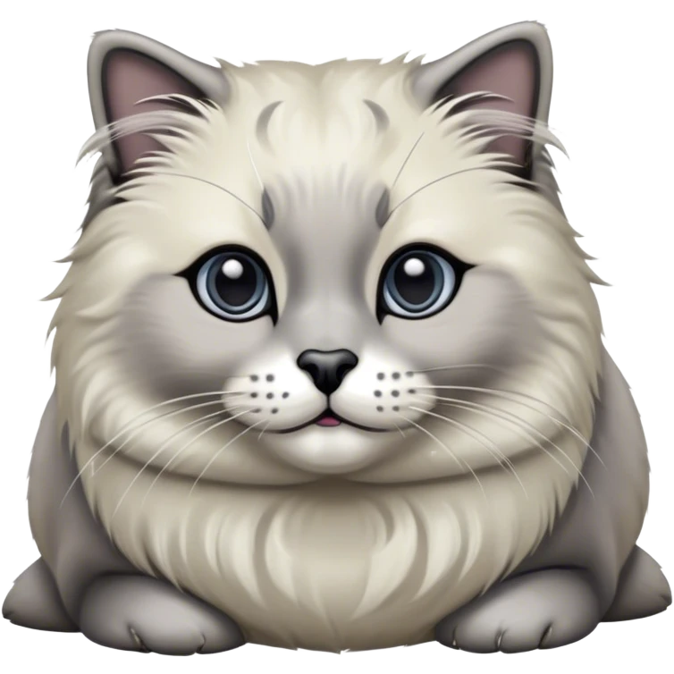 Cinematic Adorable Fluffy Grey Seal Ragdoll Cat Portrait Emoji, Head tilted gracefully with large, sparkling eyes, soft grey fur with darker seal points on the ears, face, and paws, Simplified yet majestic features, highly detailed, glowing with a soft, warm glow, high shine, calm and affectionate, stylized with a touch of elegance, bright and endearing, soft glowing outline, capturing the essence of a regal and loving kitty, so serene it feels like it could glide across the screen with its dignified presence! emoji