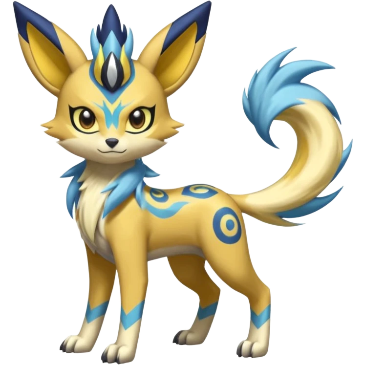 Feral Lightning-patterned Zig-zagged buzzy fuzzy Meloetta-Renamon-Zeraora-Luxray-Cobalion-Suicune-Vernid-fusion-hybrid-creature, full body  emoji