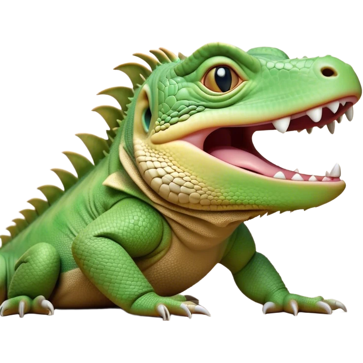 Cinematic Realistic Cute Yawning Iguana Portrait Emoji, Head tilted slightly with a dramatic, wide-open yawn, showcasing a soft, textured green-scaled face with gently drooping features and half-closed, drowsy amber eyes, rendered with natural detail and subtle shadows, high shine, relaxed yet expressive, styled with a dash of tropical charm, soft glowing outline, capturing the essence of a sleepy yet affectionate iguana that appears ready to stretch out and enjoy a peaceful nap! emoji