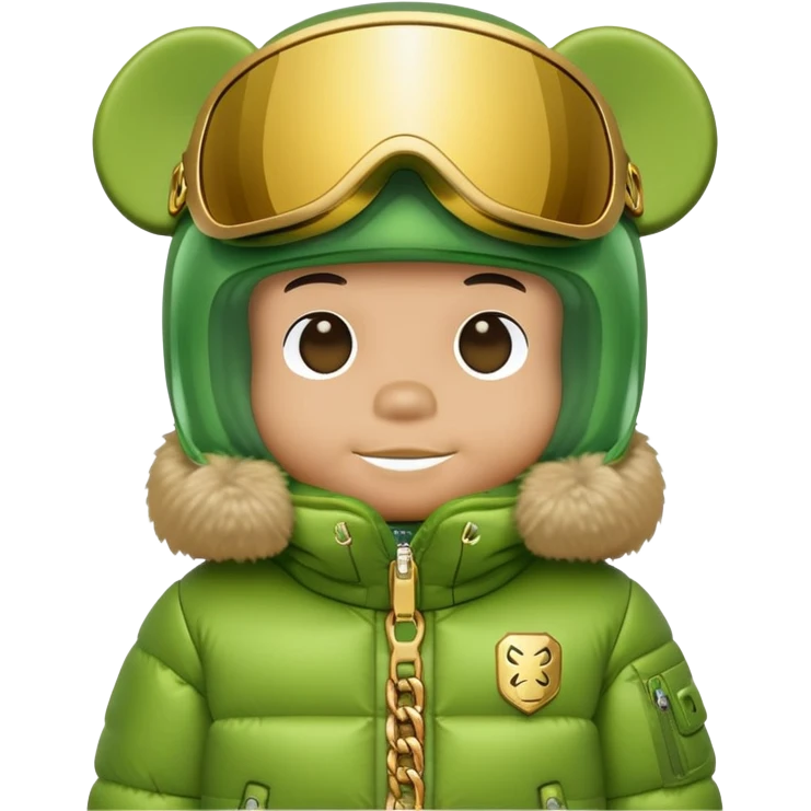 bearbrick with lime balaclava and logo tags, wearing large mirrored monolens ski visor shield covering entire upper face like sports goggles, puffy jacket with fur trim, gold chains emoji