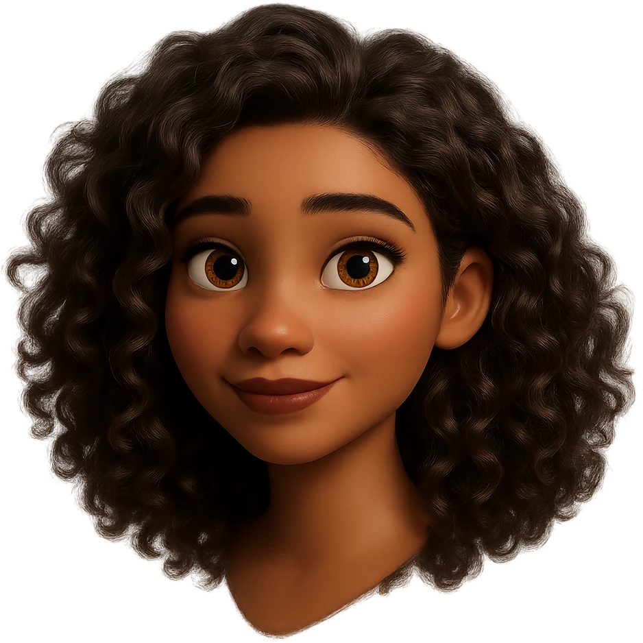 Redraw this character in a 3D Disney Pixar animation style with realistic lighting, soft textures, and expressive features. Keep the curly brown hair, brown eyes, and natural makeup. Make it look like a Disney Pixar character with a transparent background. emoji
