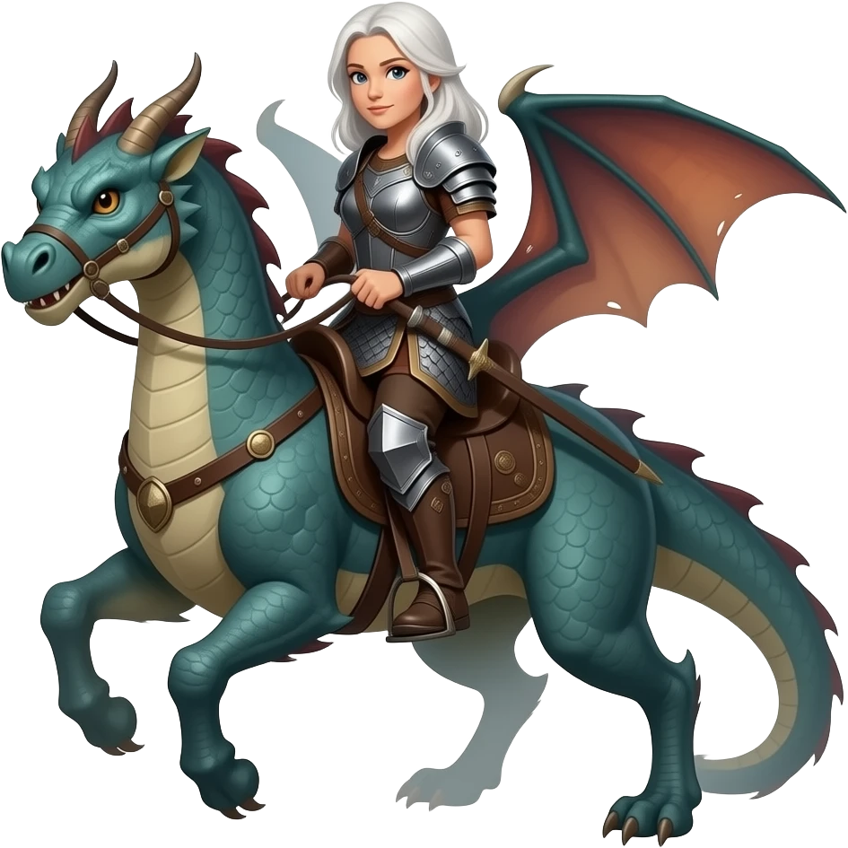 white hair older woman warrior riding dragon emoji
