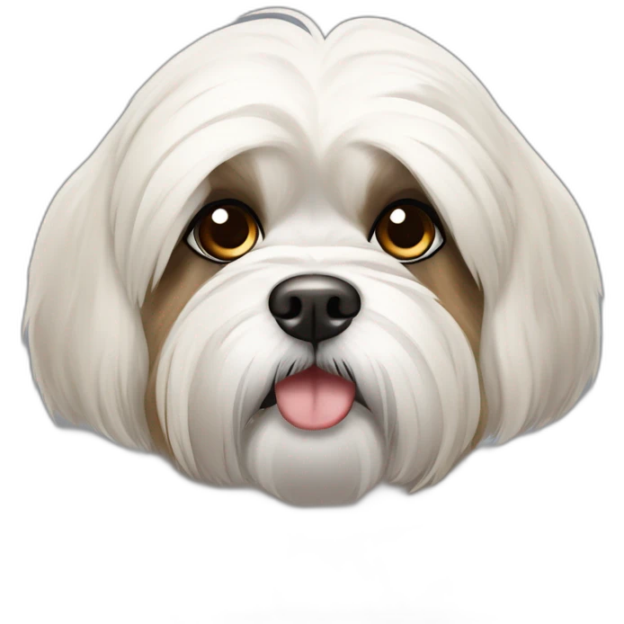 lhasa apso with short white fur and dark brown spots on body and around both eyes emoji