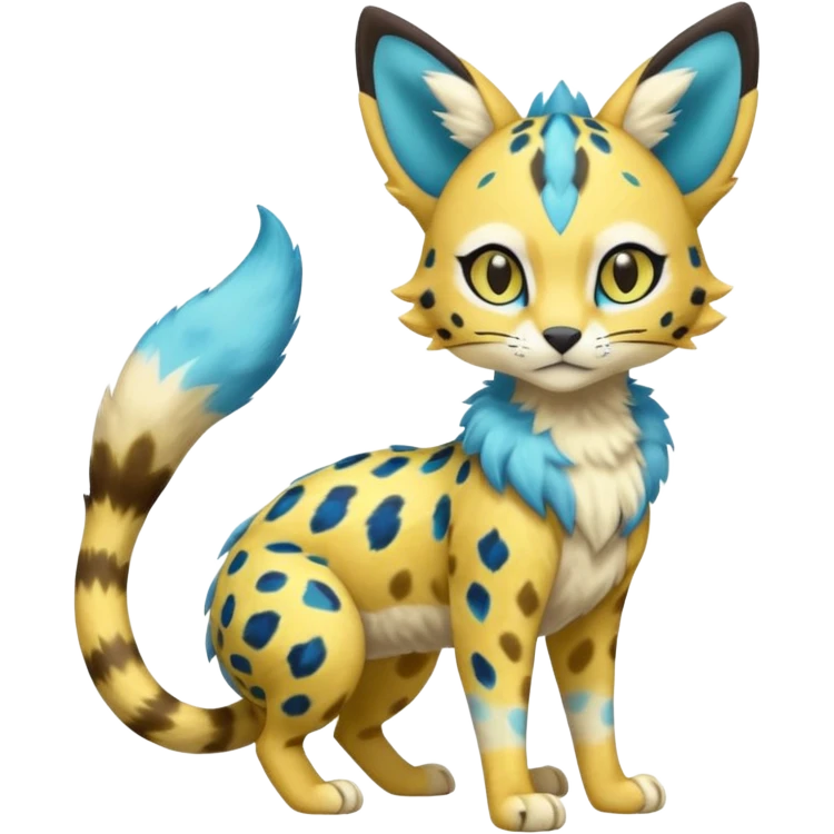 Colorful Yellow Meloetta-Sergal-Serval-Genet-Pokémon-Digimon-Fakémon-fusion-hybrid-creature with Cyan stripes and blue leopard-spot-markings  emoji