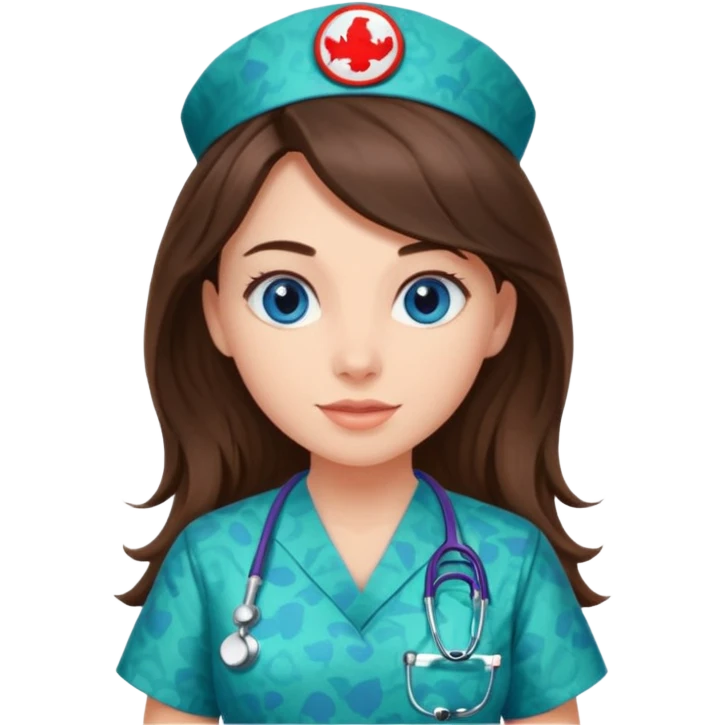 pretty brunette nurse with long hair and blue eyes in dinosaur pattern scrubs emoji