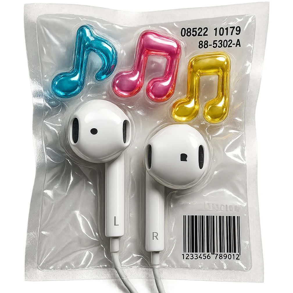 pair of white EarPods with three floating glass music notes in blue, pink, and yellow, shiny and puffy emoji