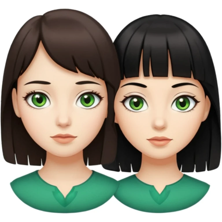 Une fille brune avec tes yeux verts et une peau claire et à côté une fille plus grande avec des cheveux noirs et une frange une pommade des yeux noirs en amande emoji