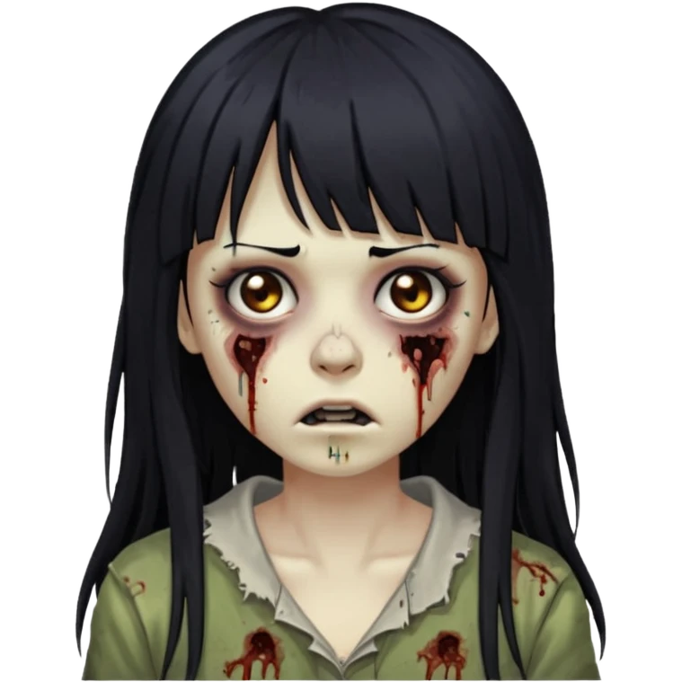 Zombie woman with long black hair and bangs, a nose piercing, and brown eyes. emoji