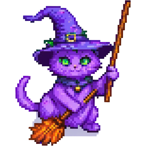 Make the purple witch cat with broom fly in pixel art style with no background, transparent background. emoji