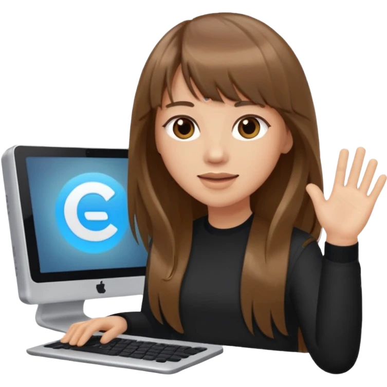 a designer with light skin long brown hair bangs waving with computer, no glasses emoji
