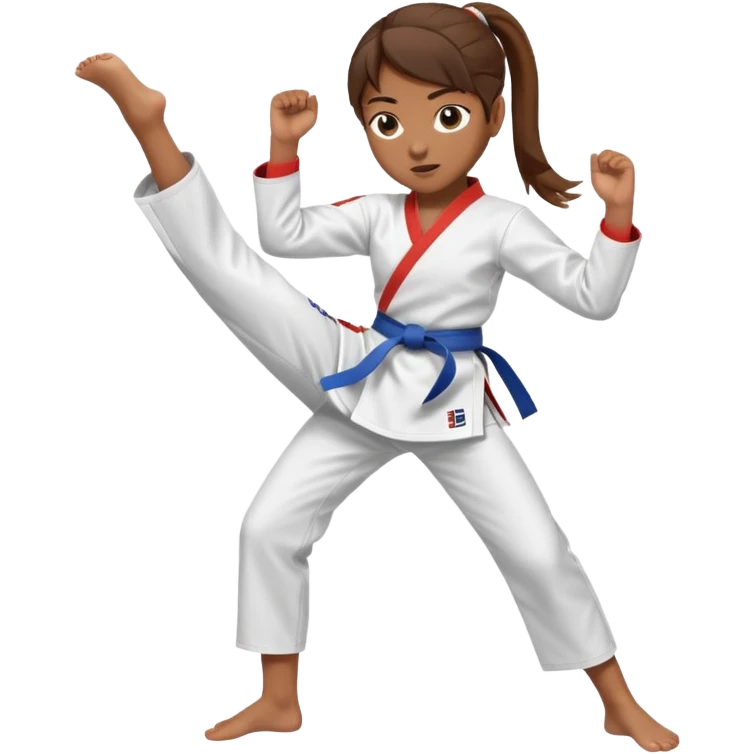 brown-skinned girl with brown hair in a ponytail giving a high taekwondo kick emoji