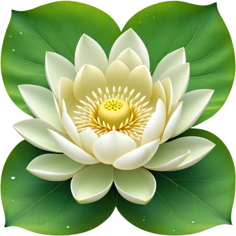 Pure white lotus flower with botanically accurate yellow seedpod center with distinct holes pattern, surrounded by pristine white petals and floating on a green notched lotus leaf emoji