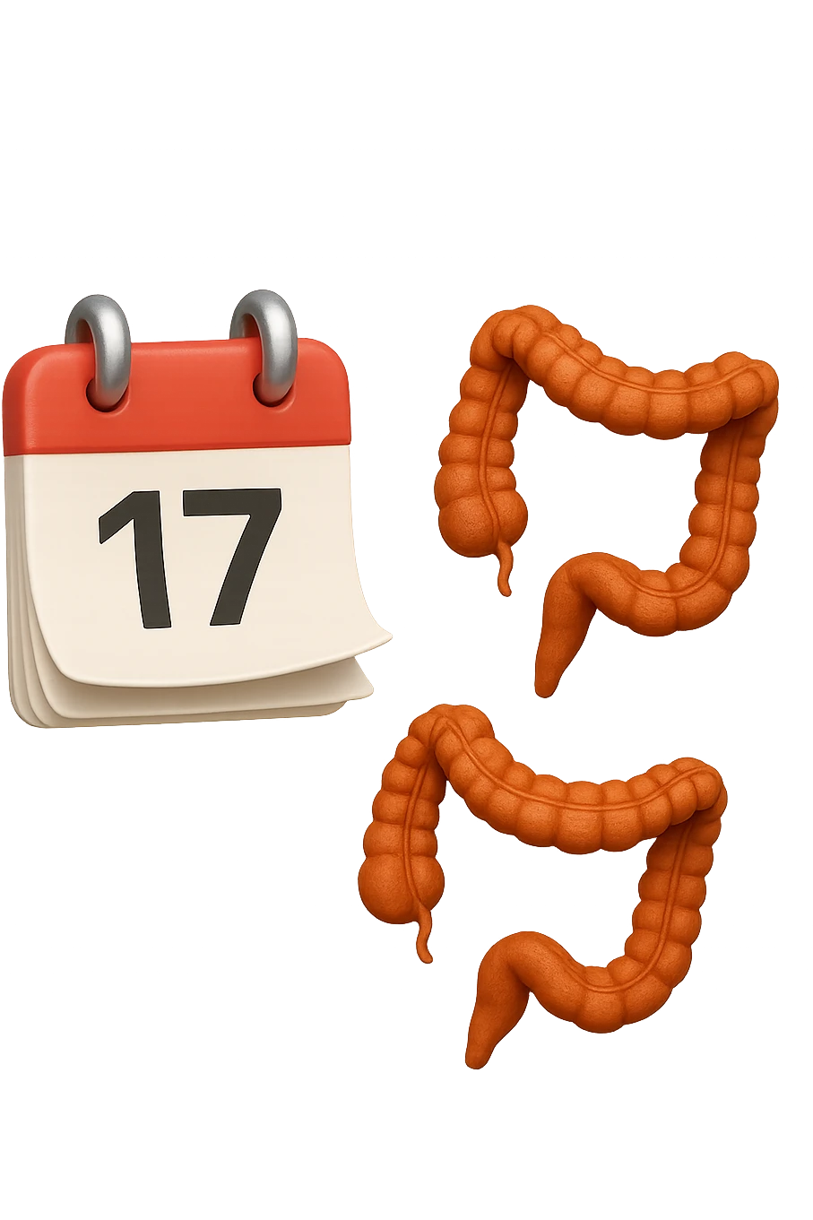 emoji stile iphone di un calendario con fogli che volano insieme a pezzi anatomici di colon umano, iperrealistico 4k, isolato su sfondo bianco emoji