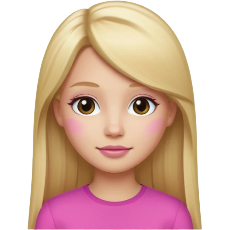 a blonde girl with long straight hair, pretty face, light day makeup wearing pink memoji emoji